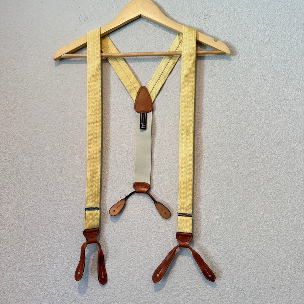 Trafalgar Mens Yellow Herringbone Silk Suspenders Leather Button End Y-Back USA